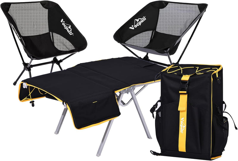 Camping Backpack - Aviation Aluminum Table Frame + 2 Folding Camping Chairs,+ Convertible Backpack Tabletop, Quick Setup&Portable,Camping Gear,Gifts for Camping, Picnic, Beach (Black)