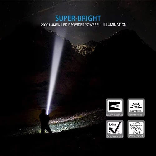 LED Tactical Flashlight Rechargeable, IPX6 Waterproof Flashlight, 2000Lm, Super Bright LED, Zoomable, Pocket-Size Small LED Flashlight for Hiking, Camping, Emergency - with Carry Case