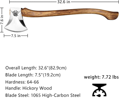 32.6 Inch Professional Wood Splitting Axe, Wood Chopping Axe with Hickory Wood Handle and Leather Sheath, Felling Ax, Sporting Axes, Racing Axes for Timbersports - Head 6 Lbs