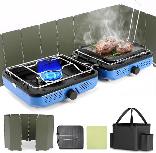 Camping Stove,2 Burner Propane Camping Stove with Windscreen,30,000 BTU Portable Propane Stove with Carry Bag,Outdoor Cooking Stove Set for Camping Gear,Rv Essentials,Camp Gifts for Man,Blue