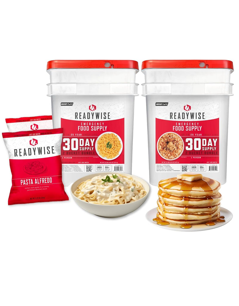 30 Day Emergency Food Supply - 296 Servings, 2 Buckets, Freeze Dried Protein Meals, Survival Food Storage, Ready to Eat, up to 25 Year Shelf Life | PrepWiseGear