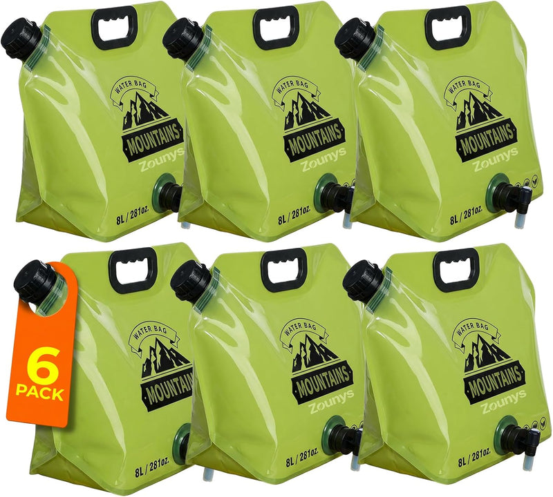 6Pack Collapsible Water Container 8L/2 Gallon Water Jug, Water Storage Bag, Collapsible Water Bag for Travelling, Emergency Water Bag Suitable for Camping Essentials, Survival Gear, Camping Water Jug | PrepWiseGear