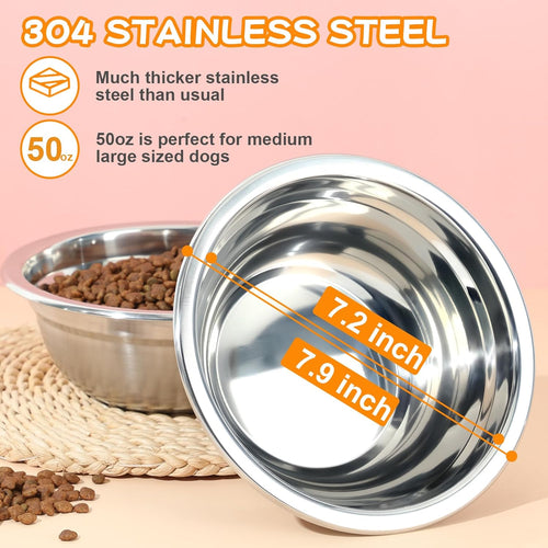 2 Pack 7.2" Stainless Steel Dog Bowls 50Oz Thickened Durable Replacement Dog Food Bowls for Food and Water, Fit for  Bowl Stand DB-B01/DB-B03