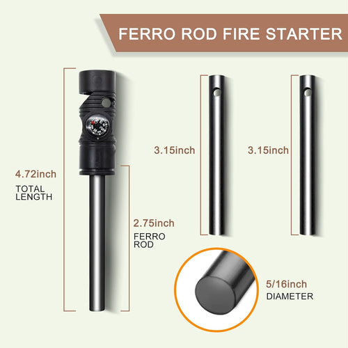 Fire Starter Survival Tool, Ferro Rod Kit with with Compass, Paracord and Whistle, Flint and Steel Survival Igniter with Tinder Rope and Tab for Camping, Hiking and Emergency | PrepWiseGear
