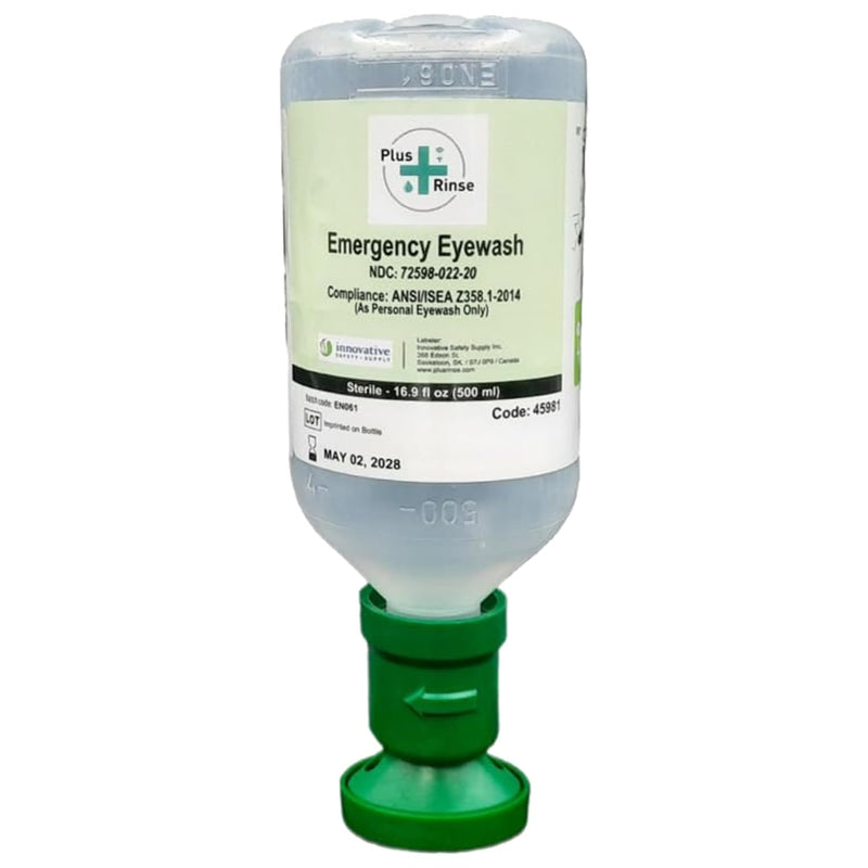 Sterile Saline Eyewash Solution 2-Pack - 500 Ml (16.9 Fl Oz) Bottles + Ergonomic Cup - Emergency Eye Station Refill for Flushing & Irrigating Eyes, 8.5" H, 3" W, 3" L, by Plum