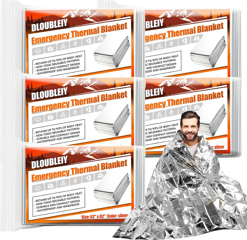 5-Pack Emergency Thermal Blankets, Heavy Duty Mylar Space Blanket with Ultimate Body Heat Retention for Camping Survival Kit, Car Emergency and Hiking, Waterproof & Windproof | PrepWiseGear
